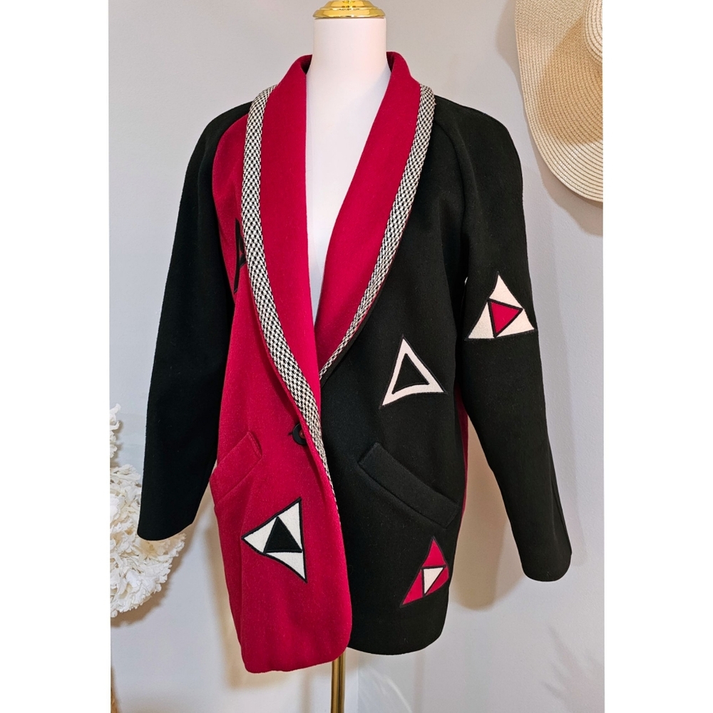 Funky Vintage MaryLou Ozbolt Storer Red Black Wearable Art Wool Overcoat Jacket